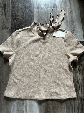 a new day Beige Ribbed Short Sleeve Mock Neck Top with Lettuce Edge